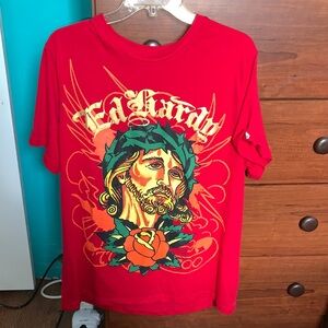 Ed Hardy Red Graphic Tee with Multicolor Jesus Motif